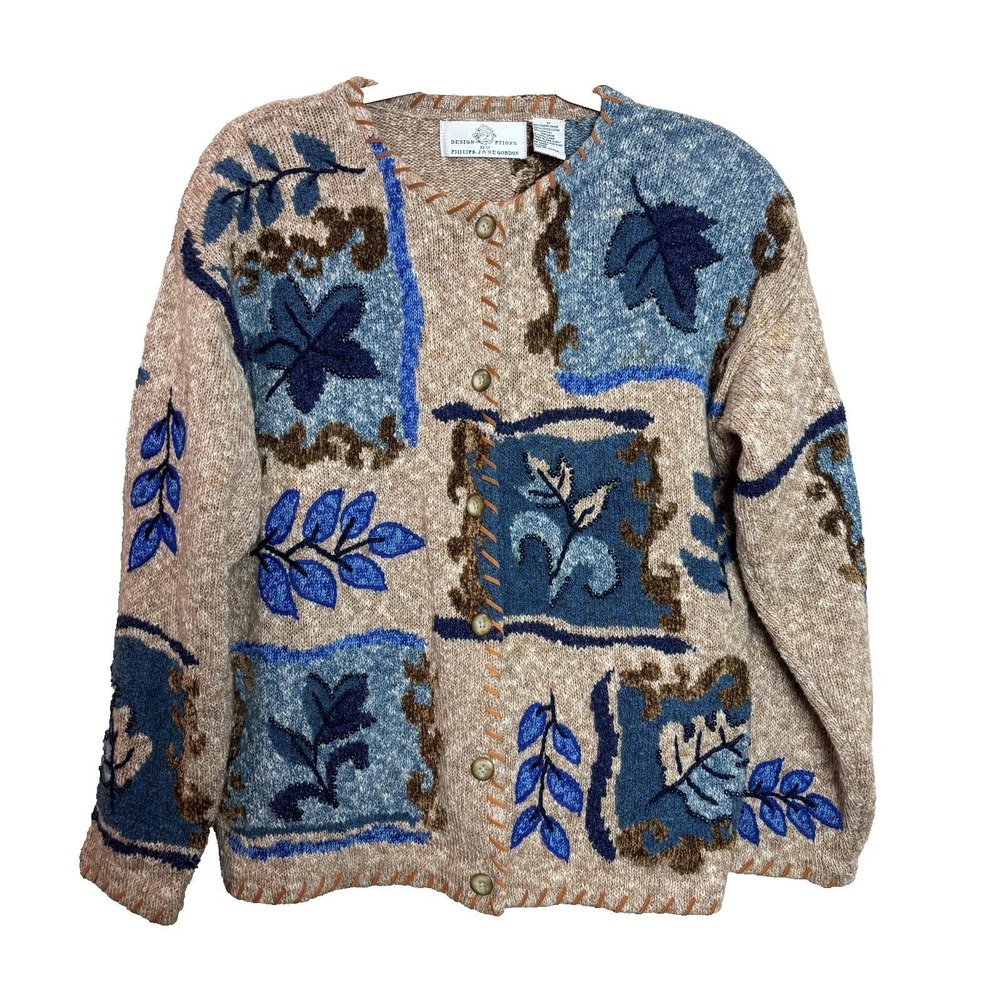 Vintage Design‎ Options Patchwork Knit Sweater – Leaf Floral Artsy 90s Medium